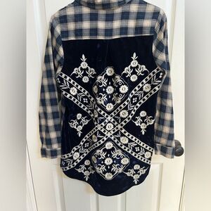 Soft Surroundings Navy and Cream Plaid Shirt, embroidered back, boho, Size M